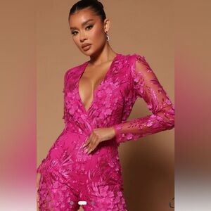 Chantal Long Sleeve Lace Jumpsuit - Fuchsia
